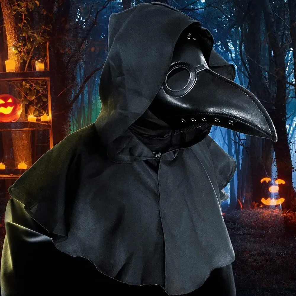 Plague Doctor Mask Cloak Hat Men Adult Black Scary Halloween Costume Set